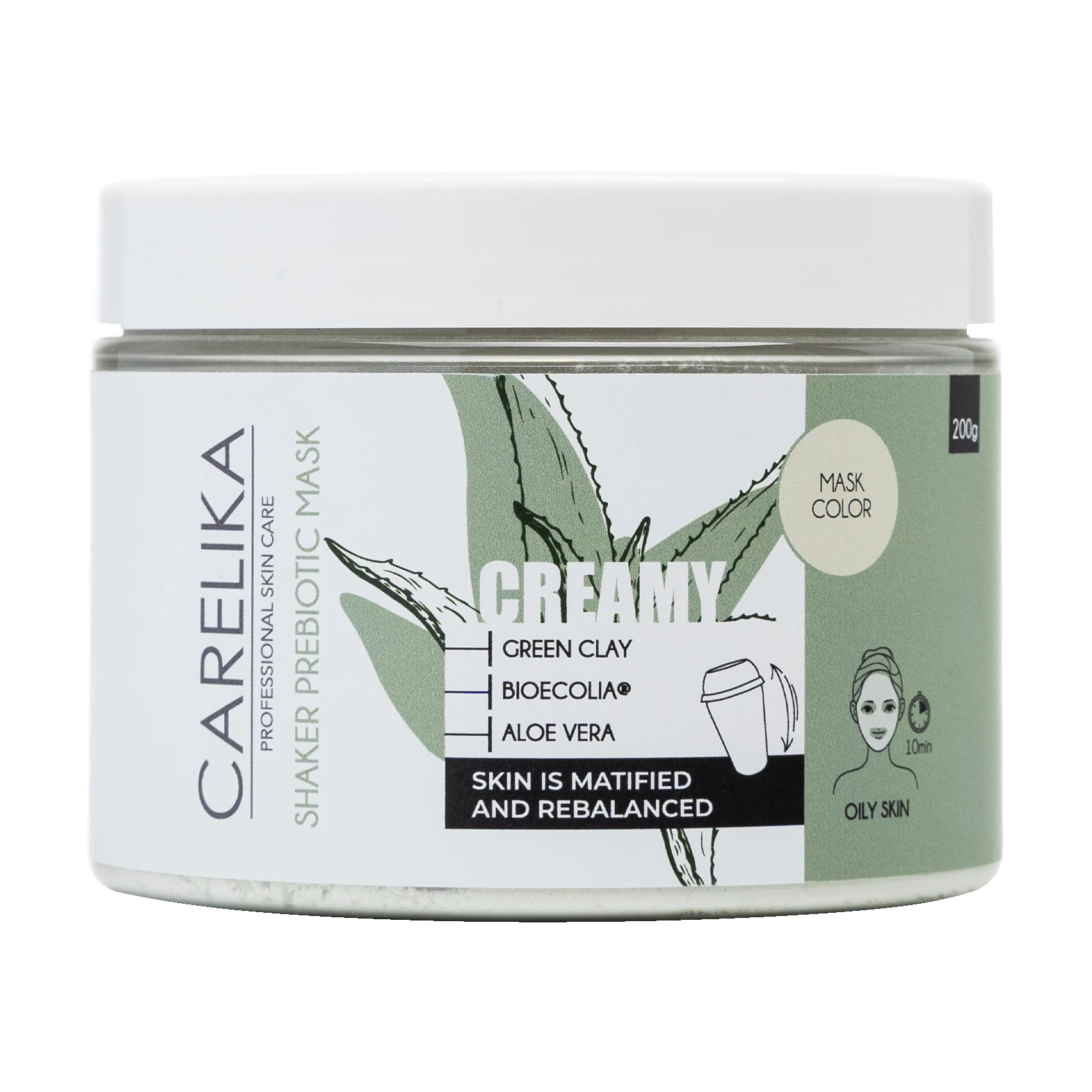 Уцінка! Кремова маска-шейкер для обличчя Carelika Creamy Shaker Prebiotic Mask Green Clay на основі пребіотиків із зеленою глиною, 200 г